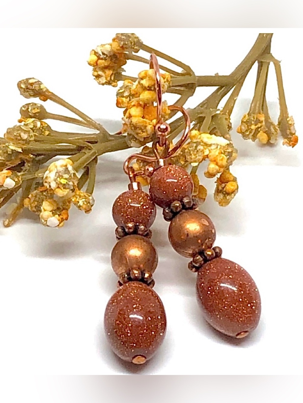 Vintage Brown Goldstone and Copper Multi Shape Beaded Linear Dangle Earrings